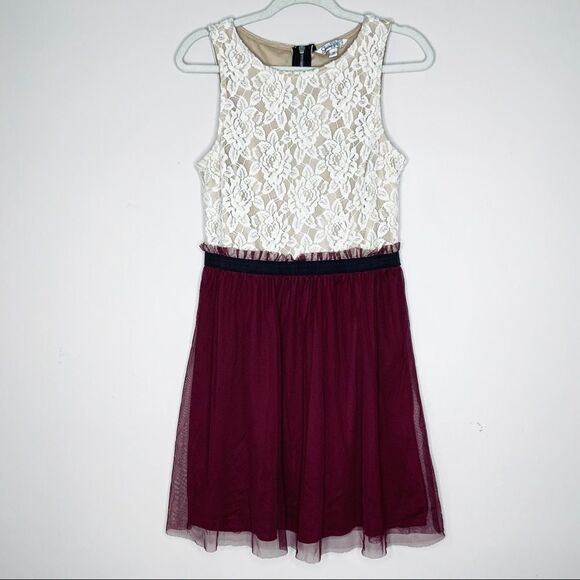 Speechless || lace fit and flare‎ dress maroon mesh - Picture 1 of 8